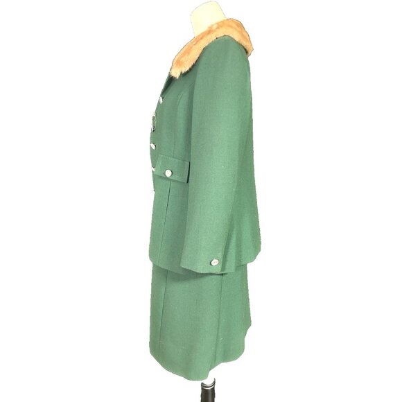 Vintage Flemington Furs 60s Green Wool Mod Dress Suit Fur Collar Classy Classic - Picture 2 of 16